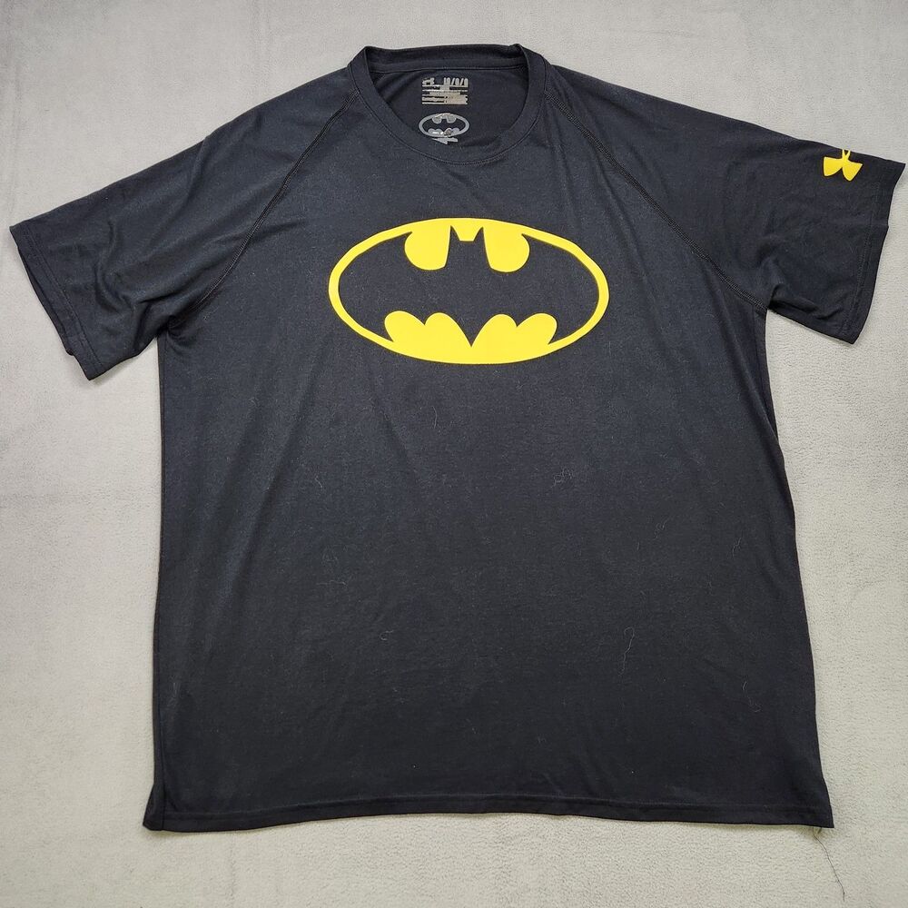 Under Armour Batman T-Shirt Men's Size L Black Short Sleeve Heat Gear Loose Logo